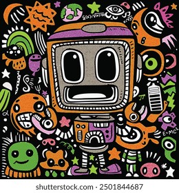 Cartoon illustration of a colorful robot surrounded by playful doodles and abstract elements in a halftone effect, set against a dark background filled with vibrant colors and whimsical designs.
