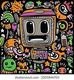 Cartoon illustration of a colorful robot surrounded by playful doodles and abstract elements with an offset effect, set against a dark background filled with vibrant colors and whimsical designs.
