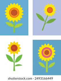 Cartoon illustration of colorful sunflowers, vector illustration set. Cartoon colorful flower pattern with a special summer theme, flat 2d nature icon. 