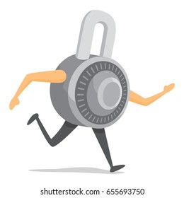 Cartoon illustration of combination padlock on the run