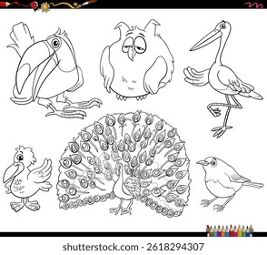 Cartoon illustration of comic birds animal characters collection coloring page