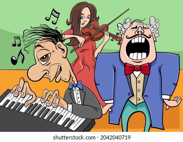 Cartoon illustration of comic musicians band playing a concert