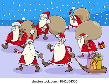 Cartoon Illustration Comic Santa Claus Characters Group on Christmas Time