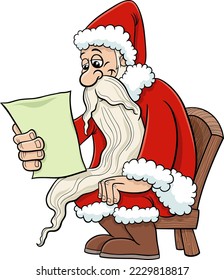 Cartoon illustration of comic Santa Claus character reading a letter on Christmas time