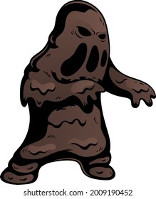 Cartoon illustration in comic style of a character shaped like a brown mud monster. Outline. Vector style.