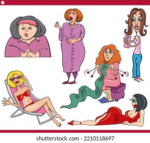 Cartoon illustration of comic women characters set
