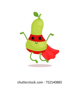 Cartoon illustration of comics superhero pear with red cape and mask, jumping with hands up