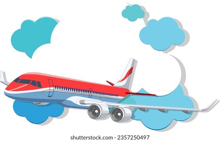 A cartoon illustration of a commercial airline airplane soaring through a clear blue sky