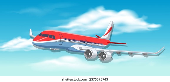 A cartoon illustration of a commercial airline plane flying in a clear blue sky