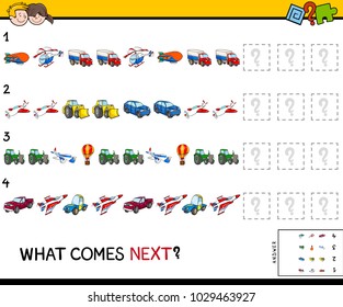 Cartoon Illustration of Completing the Pattern Educational Game for Preschool Children with Transportation Vehicles