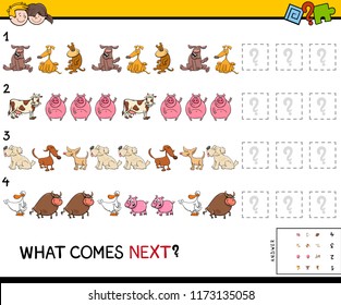 Cartoon Illustration of Completing the Pattern Educational Game for Preschool Children with Animals and Pets