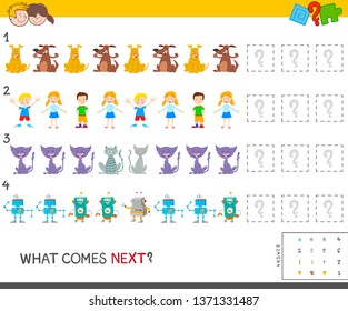 Cartoon Illustration of Completing the Pattern Educational Game for Children with Animals and Kids and Robots Characters