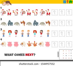 Cartoon Illustration of Completing the Pattern Educational Game for Kids with Comic People and Animal Characters