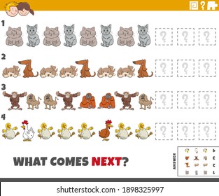 Cartoon illustration of completing the pattern educational game for kids with funny animal characters