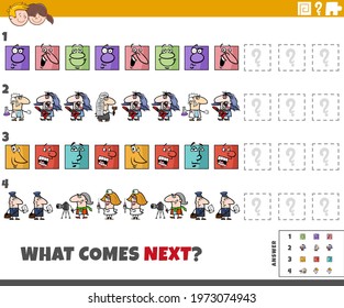 Cartoon illustration of completing the pattern educational task for children with comic characters