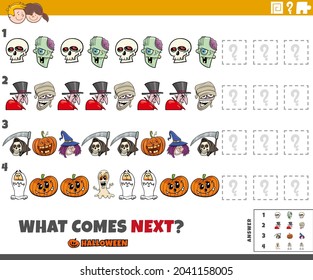 Cartoon illustration of completing the pattern educational game for children with spooky Halloween characters