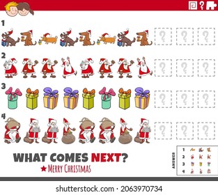 Cartoon illustration of completing the pattern educational game for children with Christmas holiday characters