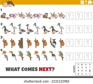 Cartoon illustration of completing the pattern educational task for children with animal characters