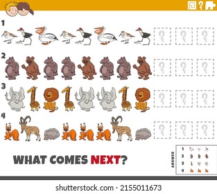 Cartoon illustration of completing the pattern educational task for children with funny animal characters