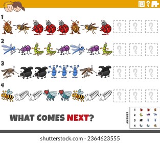 Cartoon illustration of completing the pattern educational task for children with insects animal characters