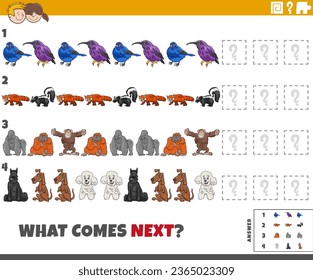 Cartoon illustration of completing the pattern educational activity for children with animal characters