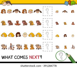 Cartoon Illustration of Completing the Pattern Educational Task for Preschool Children