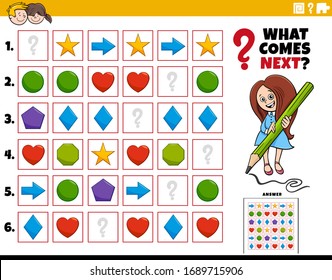 Cartoon Illustration of Completing the Pattern in the Rows Educational Task for Elementary Age or Preschool Children