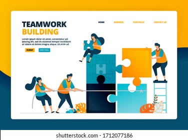 Cartoon illustration of completing puzzle games to train teamwork and collaboration in organization. Problem solving game for team. Vector design for landing page website web banner mobile apps poster