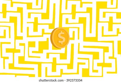 Cartoon illustration of complex maze searching for money or coin