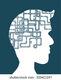 Cartoon illustration of complex pipeline concept as brain or mind
