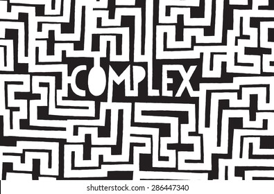 Cartoon illustration of complex word inside a chaotic maze