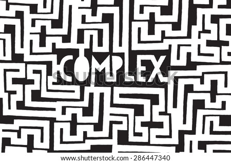 Cartoon illustration of complex word inside a chaotic maze