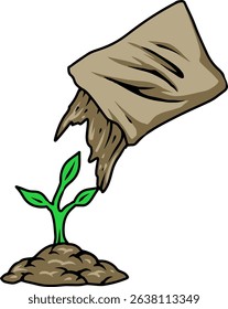 Cartoon illustration of compost fertilizer nurturing plant