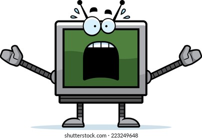 A cartoon illustration of a computer monitor robot looking scared.