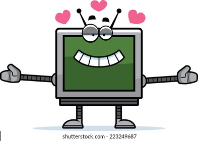 A cartoon illustration of a computer monitor robot ready to give a hug.