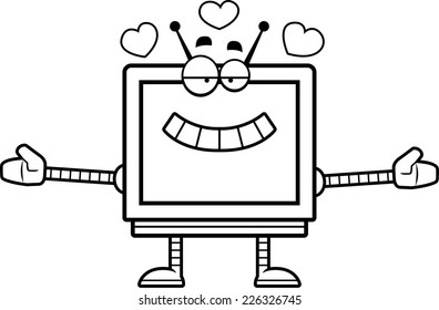 A cartoon illustration of a computer monitor robot ready to give a hug.
