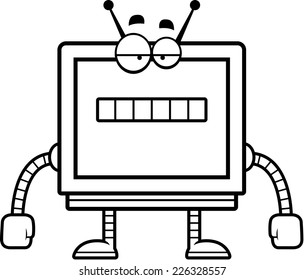 A cartoon illustration of a computer monitor robot with an unemotional expression.