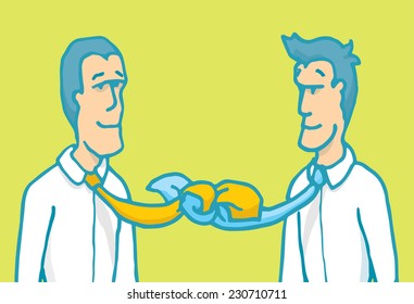 Cartoon illustration concept of business negotiation partners tied by their ties
