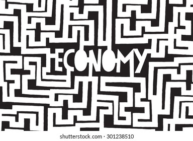 Cartoon illustration concept of complex maze with economy word on center