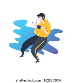 cartoon illustration concept, a gamer boy or a man with a yellow hoodie is playing a mobile game