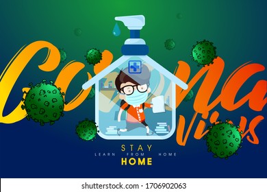 Cartoon illustration concept for Stay Home Stay Safe, a boy with books in hand to reading and learning in a house transform to gel alcohol bottle on green blue background with many viruses surrounded.