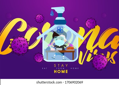 Cartoon illustration concept for Stay Home, a boy with a spoon and fork in his hands ready to eat the food in a house transform to gel alcohol bottle on purple background with many viruses surrounded.
