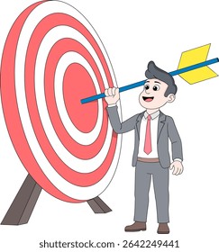 Ilustração em desenho animado de um empresário confiante que acertou com sucesso o alvo de um alvo com uma flecha, simbolizando a estratégia de negócios precisa