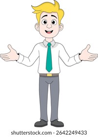 Cartoon illustration of a confident male businessman standing with arms wide open, symbolizing transparency, openness, and readiness for investment opportunities