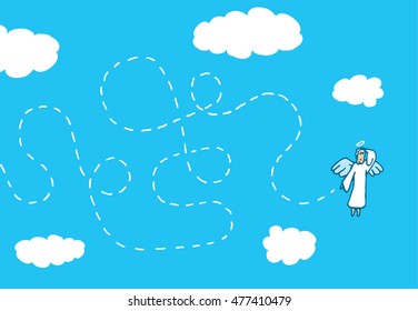 Cartoon illustration of confused angel on erratic flight