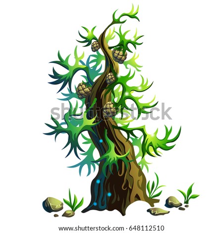 Cartoon illustration of a conifer tree with grass and stones. Vector game design.