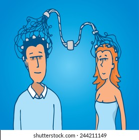 Cartoon illustration of connection between man and woman brains