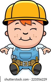 A cartoon illustration of a construction worker boy sitting and smiling.