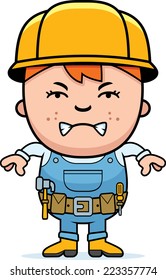 A cartoon illustration of a construction worker boy with an angry expression.