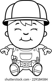 A cartoon illustration of a construction worker boy sitting and smiling.